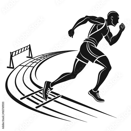 Dynamic Hurdler Illustration Intense Motion of Athlete Clearing Hurdle on Track Evoking Speed and Agility in Sports