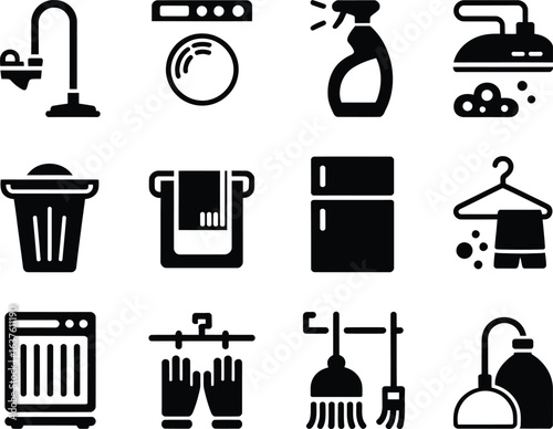 Collection of household cleaning laundry and appliance icons representing home hygiene and sanitation in a vector graphic