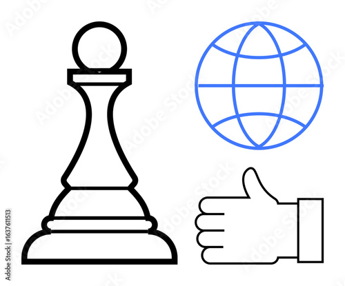 Black chess pawn symbolizing strategy, blue globe representing global connections, and hand gesture indicating teamwork. Ideal for business planning, leadership, globalization, decision-making