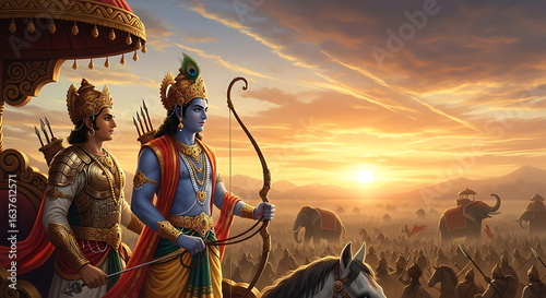 Krishna and Arjuna in chariot facing army at sunrise