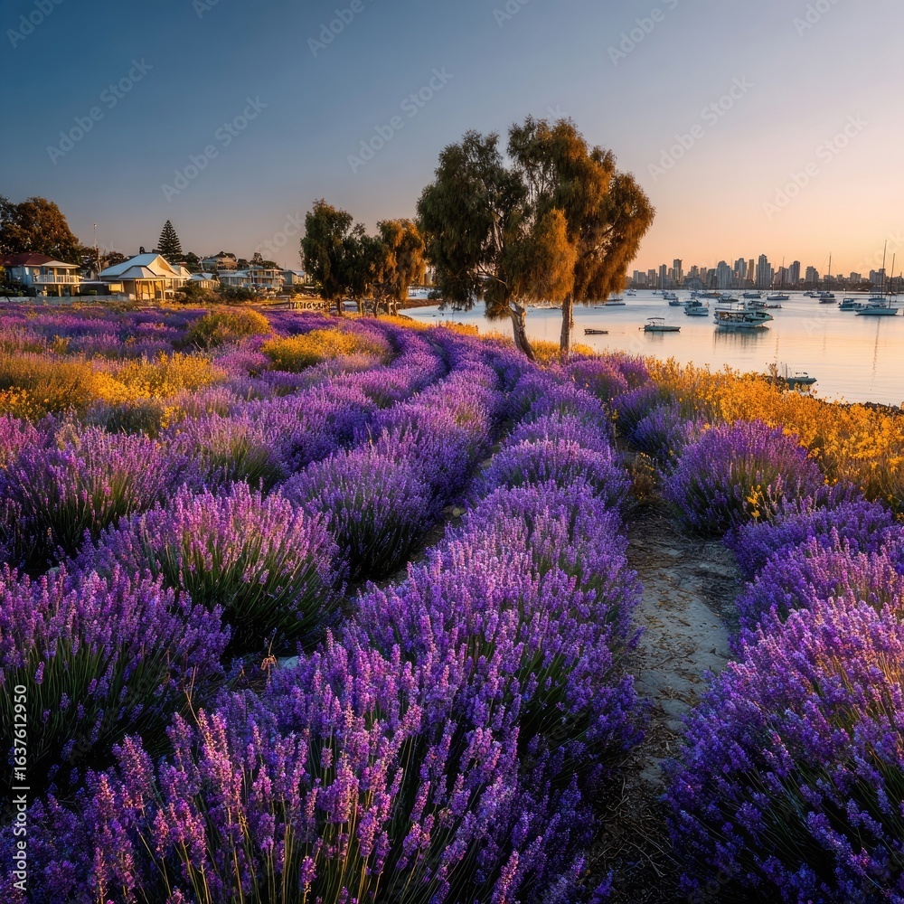 Fototapeta premium Lavender field bordering a bay at sunrise