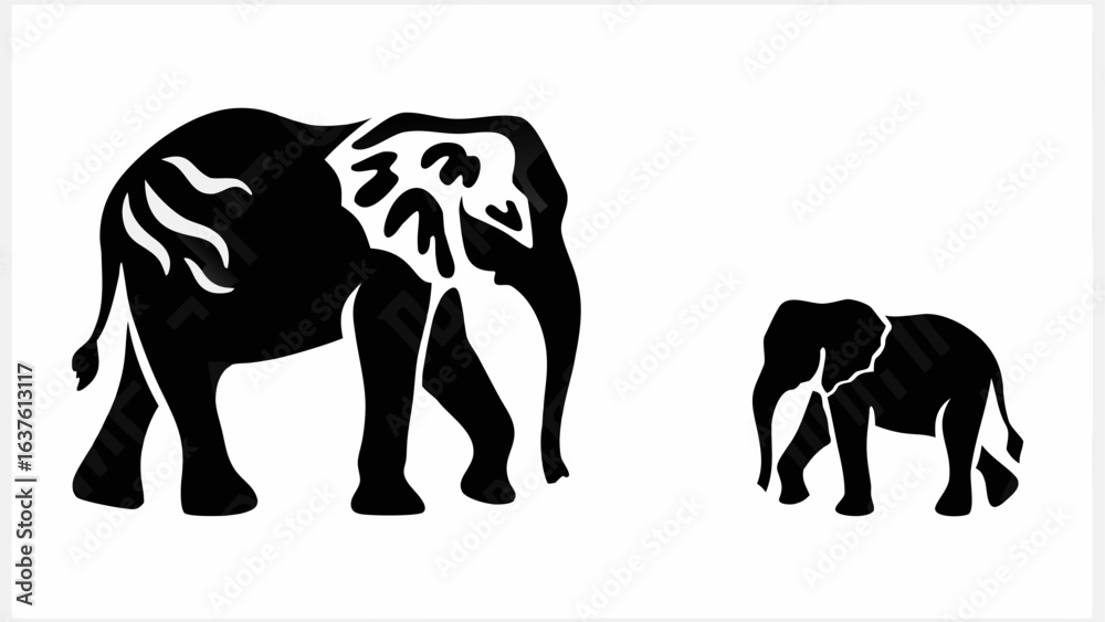 Obraz premium Silhouette illustration of a large elephant and a smaller elephant standing on a white background design