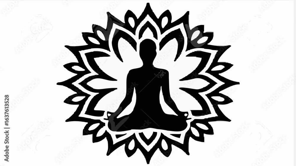 Fototapeta premium Silhouette of a person meditating in lotus position inside a floral mandala design with pointed petals