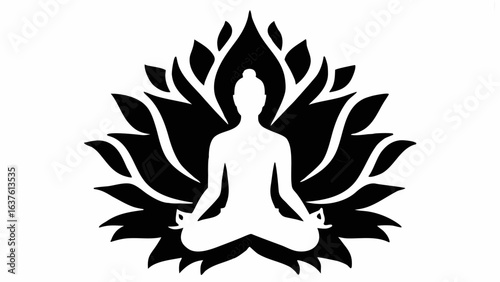 Silhouette of a person meditating in lotus position in front of a lotus flower with pointed petals design