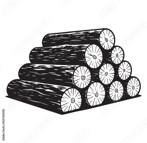 Stacked logs illustration in black and white depicting firewood or lumber for design purposes