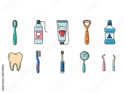 Dental Essentials: A collection of dental hygiene tools, elegantly illustrated to promote oral care. Explore these essentials for a bright, healthy smile.