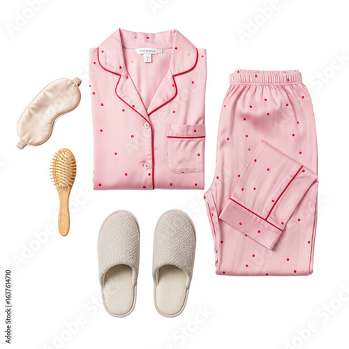 flat lay of pajama set and sleep accessories on Isolated transparent background png. generated with AI