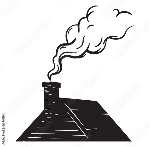 Illustration of a chimney with smoke rising from a rooftop vector graphic