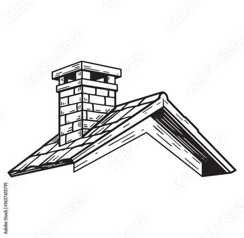 Simple hand drawn illustration of a house roof with a chimney in black and white