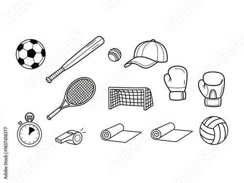 Sports Essentials in Monochrome: A collection of iconic sports equipment, meticulously illustrated in grayscale, creating a clean.