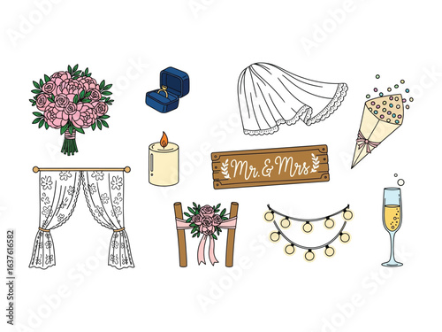 Wedding Celebration Icon Set: A set of vector illustrations perfect for wedding theme including a bouquet, wedding ring in a box, wedding veil, confetti cone, arch and other related decorations.