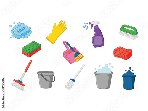 Cleaning Supplies: A colorful assortment of cleaning essentials arranged to represent a tidy, hygienic environment. Depicting the tools of cleanliness and the spirit of tidiness.