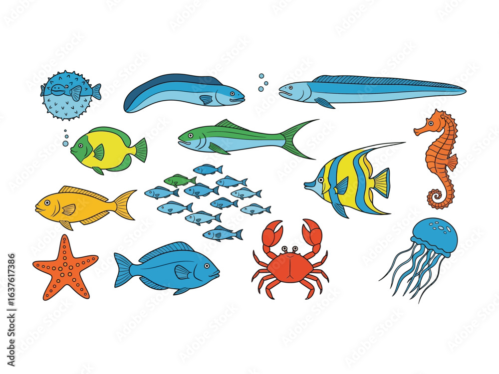 Fototapeta premium Oceanic Assemblage: A vibrant illustration showcasing a variety of marine life, including colorful fish, crustaceans, and other aquatic creatures.