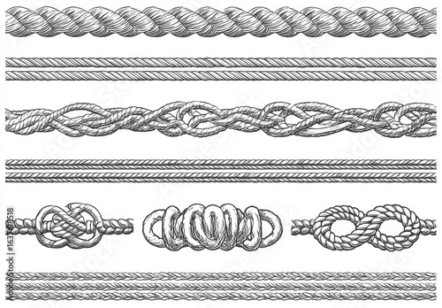 Set of hand-drawn rope designs, various knots and styles
