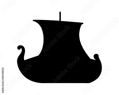 Black Silhouette of Ancient Viking Ship on White Background for Historical Designs