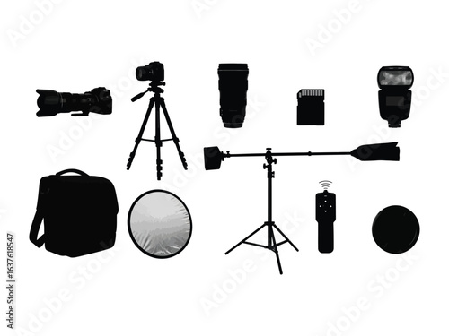 Photography equipment silhouette: A collection of essential photographic tools and devices are presented, offering a monochromatic view of the art and science behind capturing images.