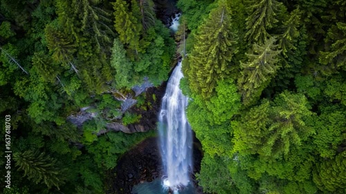 Lush Green Forest Waterfall with Cascading Water and Rocky Cliff — 4K HD Video Footage Download, Cinematic Aerial View, Hyperrealistic 8K Nature Landscape