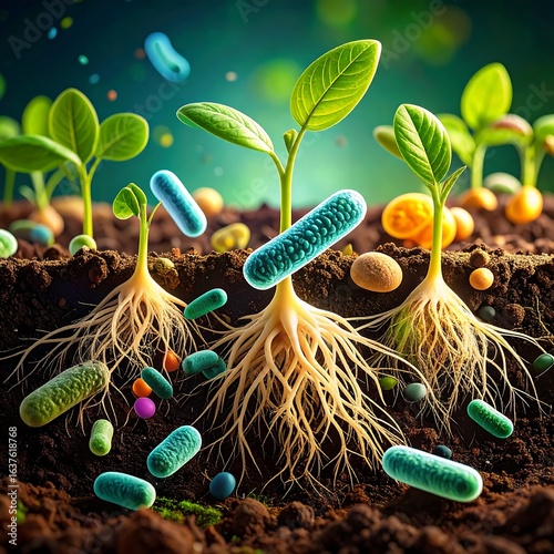 Vibrant illustration of seedlings' roots interacting with diverse soil microbes
