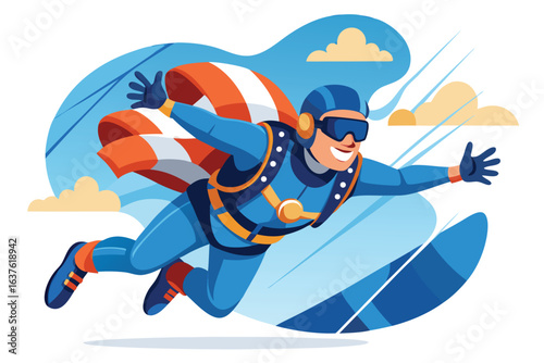 A Cheerful Skydiver Soaring Through the Sky with a Parachute in Tow A Vibrant and Dynamic Illustration