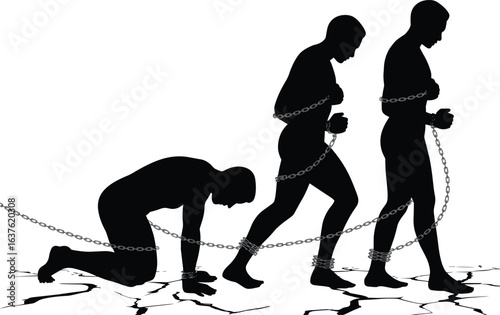 silhouette, chained, human, crawling, walking, standing, evolution, slavery, bondage, oppression, prisoner, restriction, freedom, struggle, concept, black, figure, illustration, stage, movement