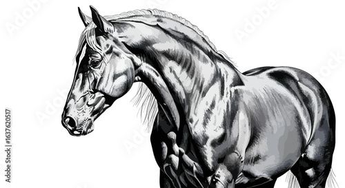 Majestic grayscale horse portrait with powerful musculature and refined mane captures elegance and strength for equestrian themes