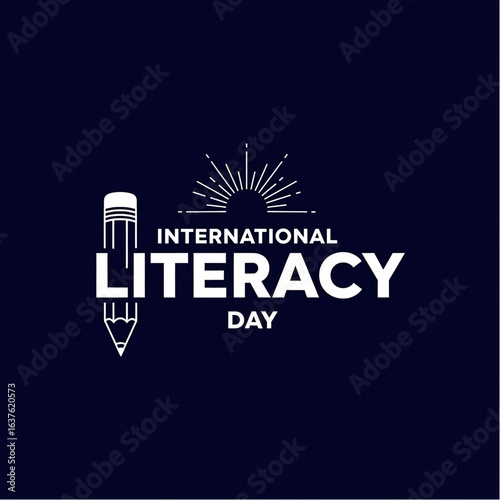 International Literacy Day Graphic: White Pencil and Sunburst Design