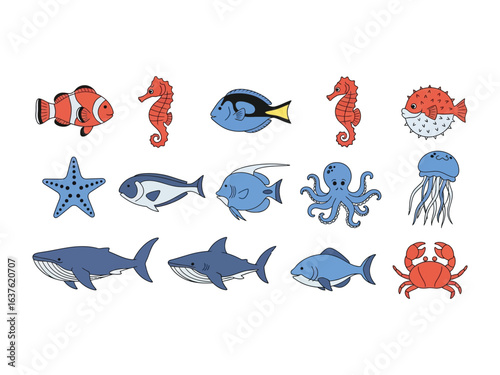 Ocean Creatures in Illustration: A collection of vibrant cartoon illustrations showcases the diverse beauty of underwater life, offering a playful glimpse into the ocean's fascinating creatures. 
