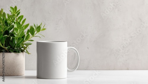 Wallpaper Mural Empty white mug, green plant, gray background Torontodigital.ca