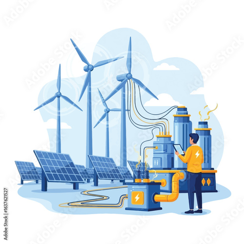Illustration depicting renewable energy sources, including wind turbines and solar panels, with a technician monitoring the system.