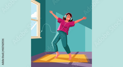 Animated Woman Joyfully Dancing with Headphones in a Brightly Lit Room
