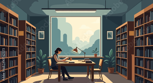 A Quiet Library Scene with a Reader Illuminated by Desk Lamp