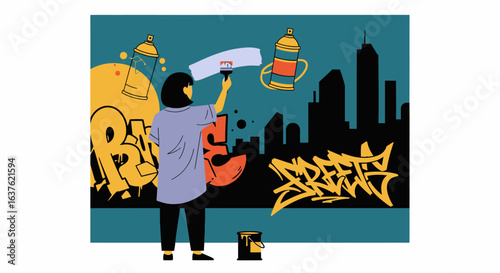 Artist Painting Graffiti on Wall with Spray Cans and City Silhouette