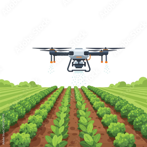 A drone sprays crops in a field, showcasing modern agricultural technology and precision farming.