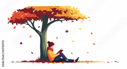 Autumnal Reading: A Person Under a Colorful Tree with Falling Leaves