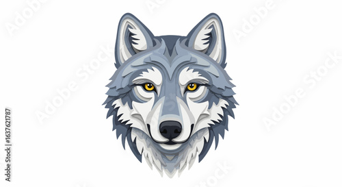Striking paper art wolf portrait with intense yellow eyes and layered grey fur, perfect for wildlife and nature themes