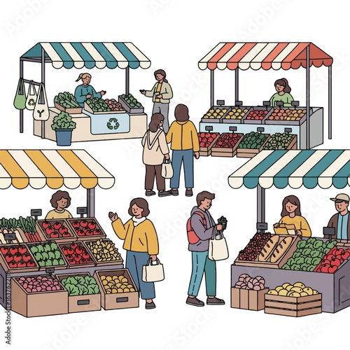 Busy farmers market scene with shoppers browsing fresh produce at various stalls.