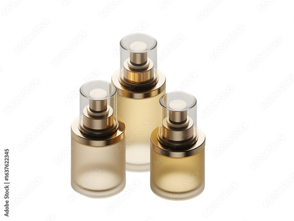 Three frosted glass bottles with gold accents and clear caps isolated on a transparent background Three frosted glass bottles with gold accents and clear caps isolated on a transparent background