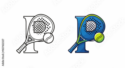 Dynamic padel logo design with letter P, tennis racket, and ball, ideal for sports brands, athletic events, and promotional materials