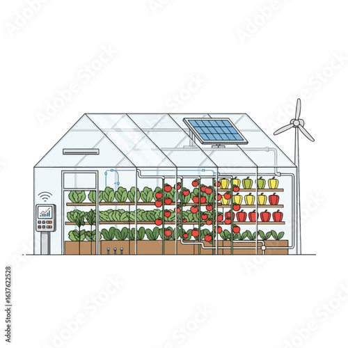 Illustration depicting a greenhouse with various vegetables, solar panel, and wind turbine, showcasing sustainable agriculture.