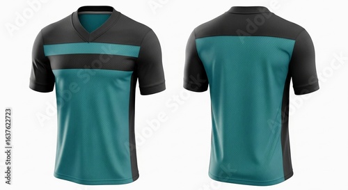 V-neck sports t-shirt mockup with a dynamic striped design, isolated front and back view