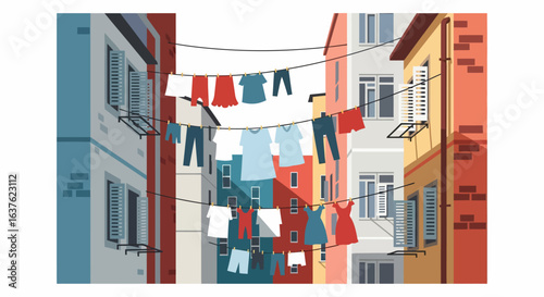 Colorful Clothes Drying on Lines Between Buildings in a Sunny Alley
