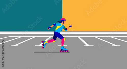 Colorful Roller Skater in Motion on a Grey Pavement Surface