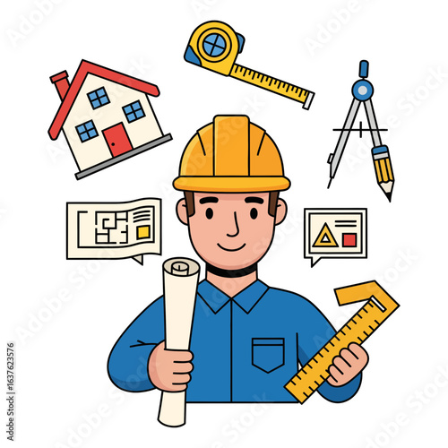 Concept of an architect or engineer with building plans and drafting tools for a construction project
