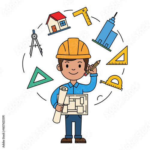 Architect engineer character with construction blueprints and tools, conceptualizing urban development and building design.