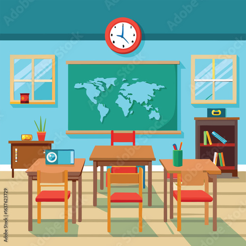 Elementary classroom interior with world map chalkboard, desks and clock, flat vector illustration