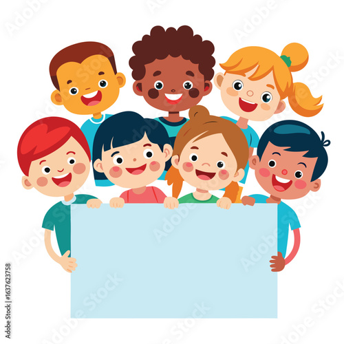 Smiling children group holding empty sign with copy space, education poster vector
