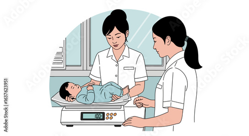 Two nurses weigh a newborn baby on a digital scale in a clinic.