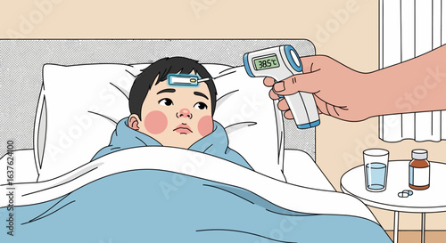 A child in bed, receiving a forehead temperature check from a caregiver.