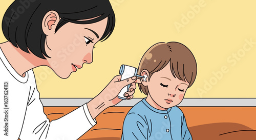 A mother carefully takes her child's temperature with an ear thermometer.