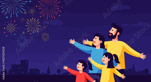 Family Watching Fireworks Display with Excitement and Joyful Celebration